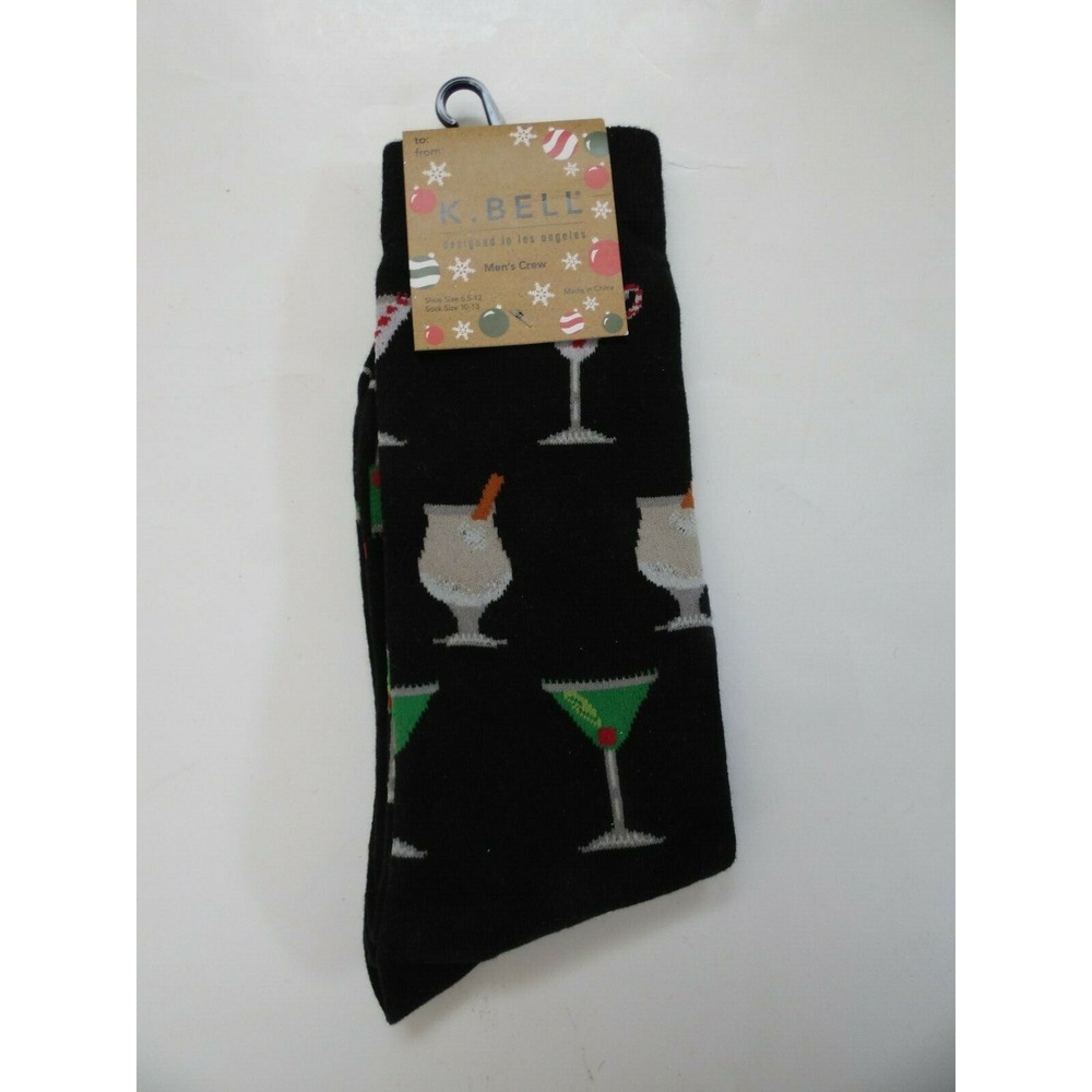 K. Bell Men's Pair Socks Black Martini Cocktails Design Cotton Blend Socks NWT